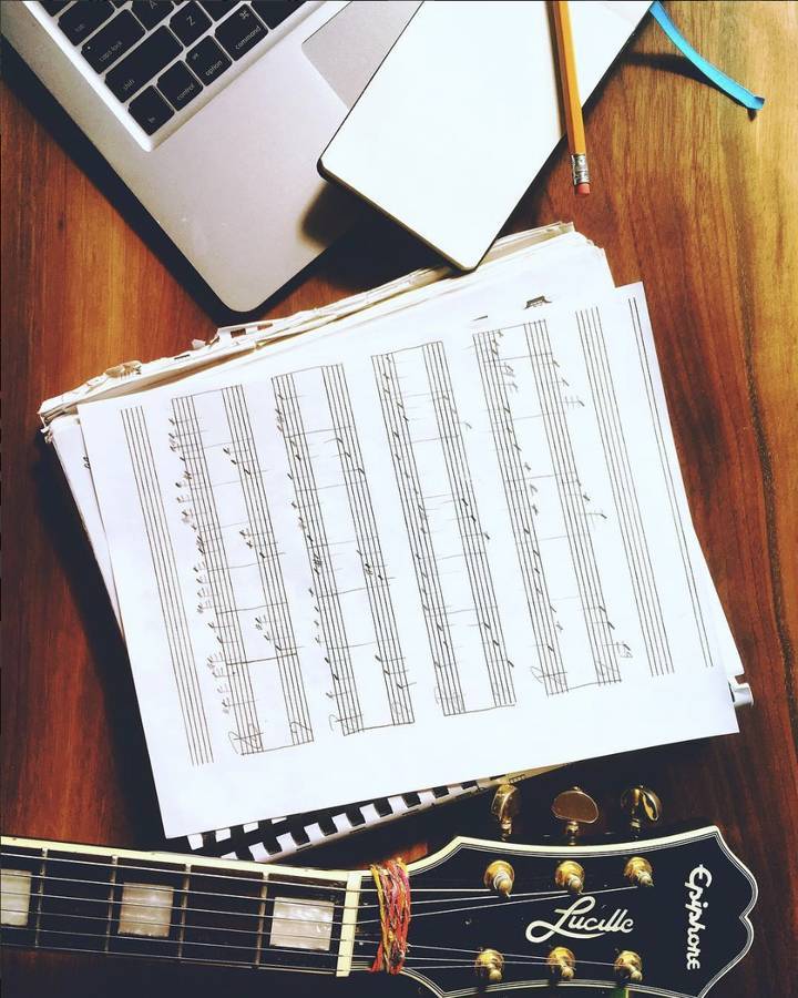 Guitar lesson with sheet music in a studio